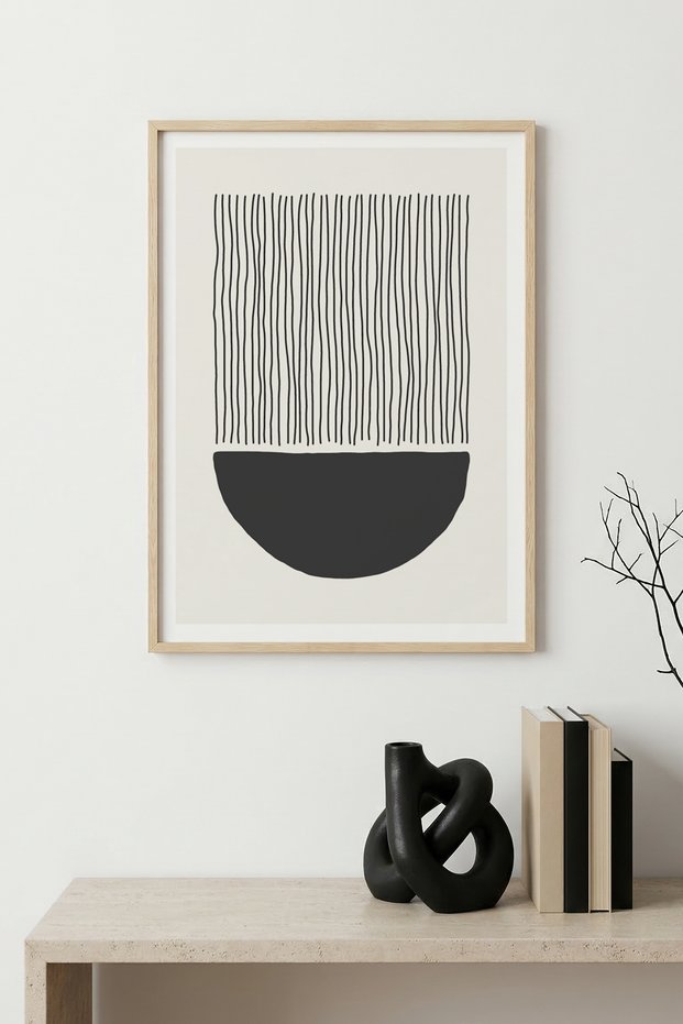 Natural Wood Framed Minimal Line Art Painting - Black-White | Huhu1558 - Single Table Natural Wood Frame