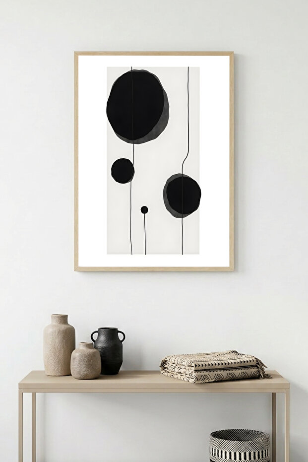 Natural Wood Framed Abstract Geometric Pattern Painting - Black-White |   Huhu1201