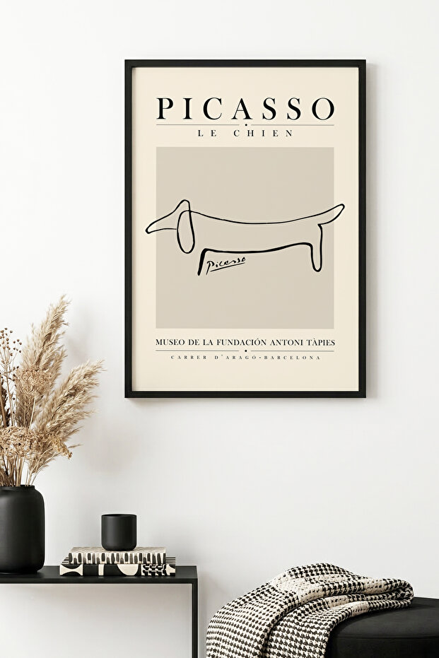 Minimalist Dog Pattern Painting with Black Wooden Frame - Black-White | Huhu1111 - Single Table Black Frame