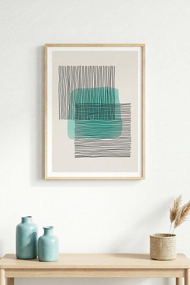 Natural Wood Framed Minimal Patterned Painting - Abstract |   Huhu1556
