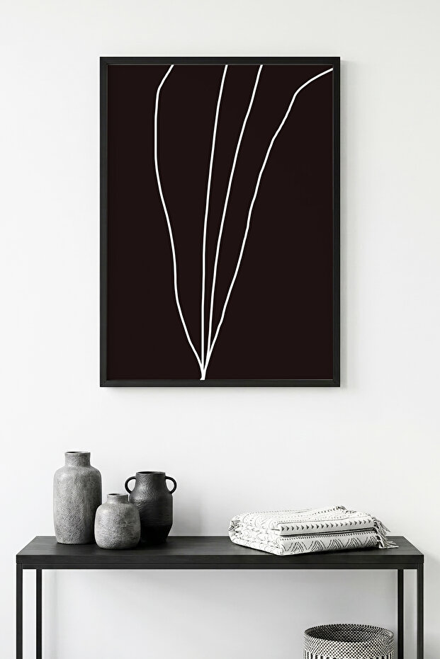 Natural Wood Framed Minimal Leaf Pattern Painting - Black and White | Huhu1083