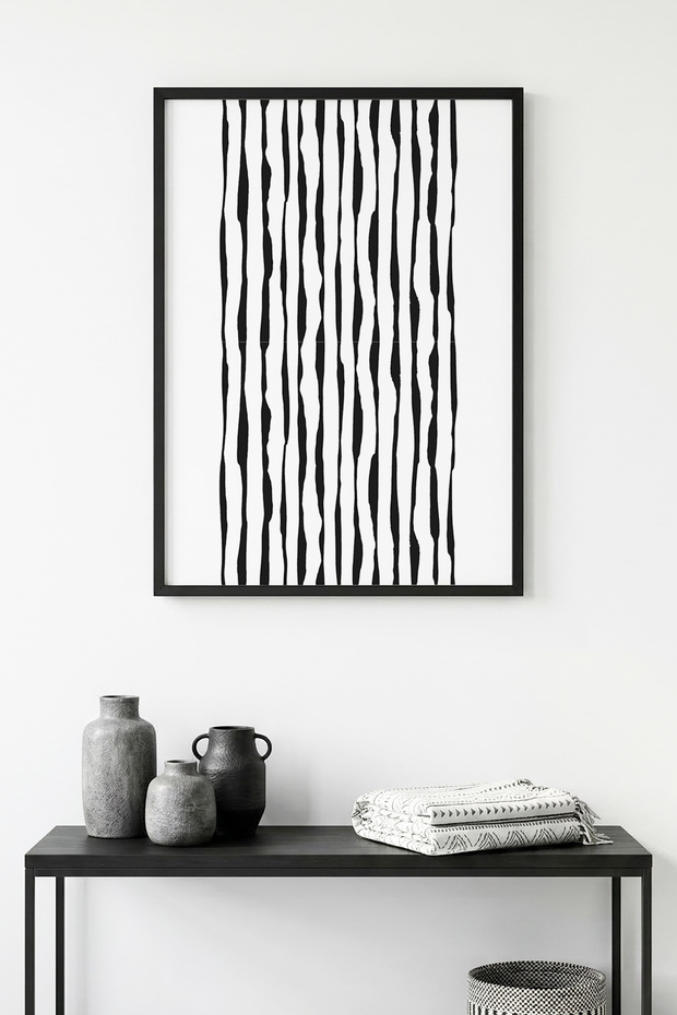 Black Wooden Framed Abstract Striped Painting - Black-White | Huhu1082 - Single Table Black Frame