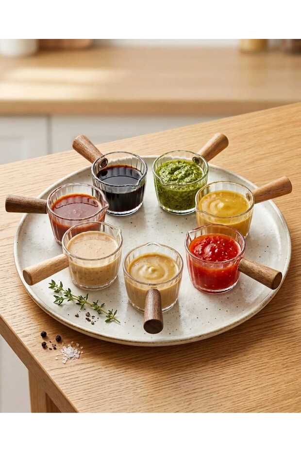 Set of 6 Mini Mica Sauce Bowls, Jam Bowls and Coffee Side Serving Bowls with Wooden Handles
