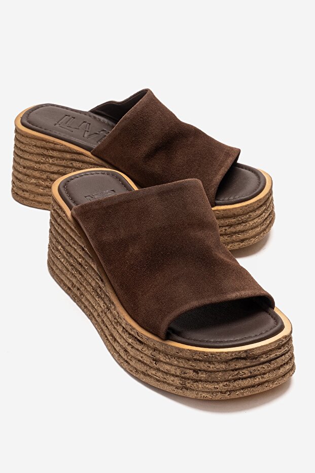 Marc Brown Suede Genuine Leather Wedge Heeled Women's Slippers