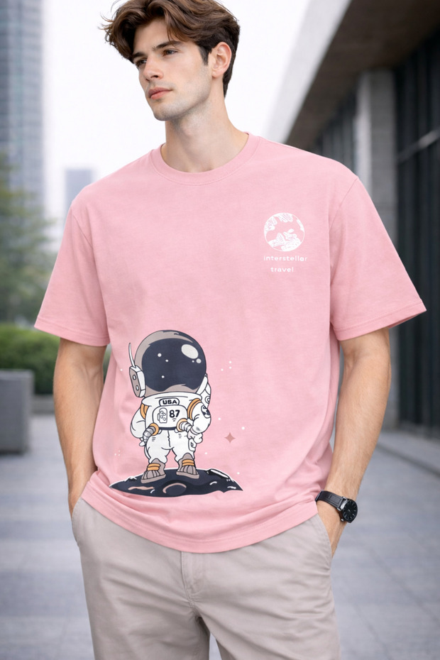 Men's Oversize T-Shirt Travel Astronaut Printed 100% Cotton T-Shirt Comfortable Fit