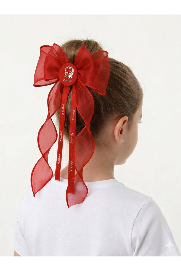 23 April-19 May Atatürk Signed Red Satin Bowknot Hairpin - Girl's Hairpin with Turkish Flag