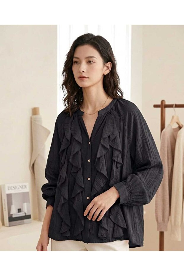 Women's Oversize Viscose Shirt with Ruffle Detail
