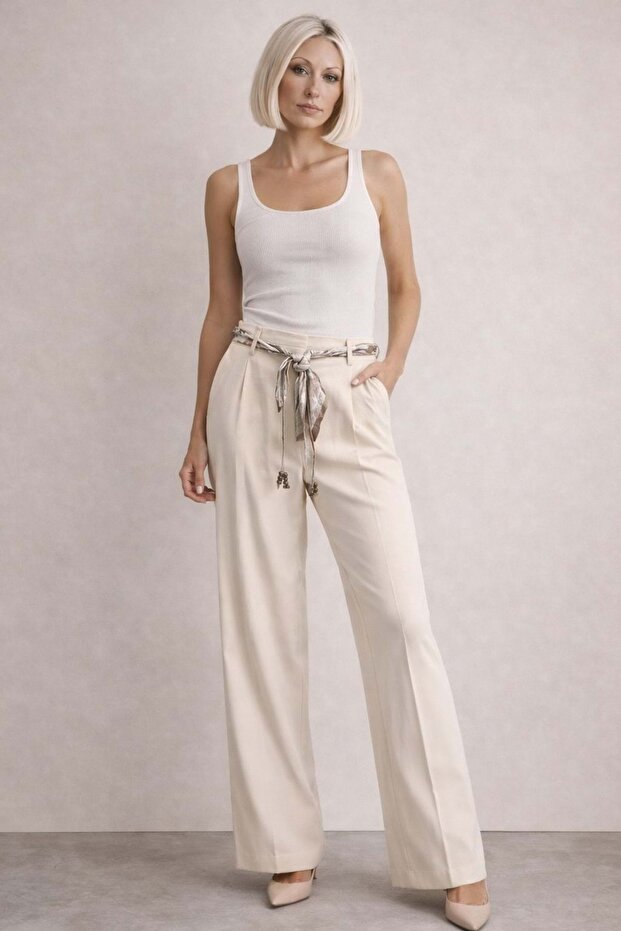 Cream Scraf Foulard Detail Trousers - Cream - m
