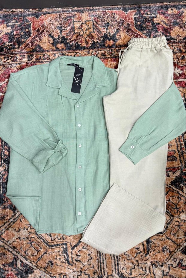 Men's Baby Blue Muslin Linen Blend Shirt & White Muslin Linen Trousers Set