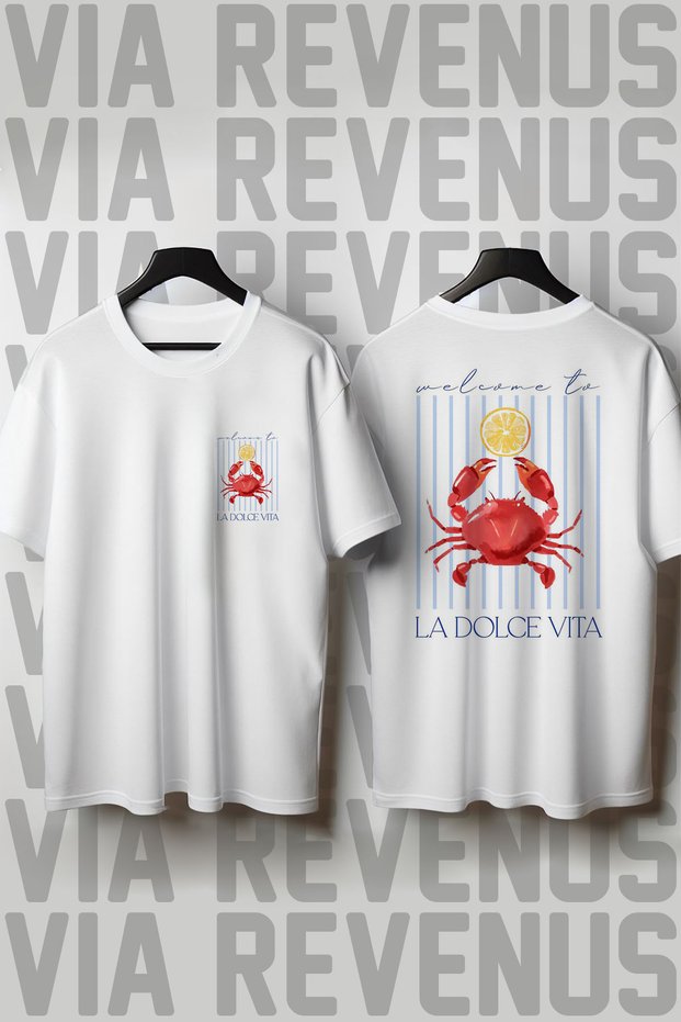 La Dolce Vita Crab Printed Crew Neck Loose Fit 100% Cotton Unisex Tshirt
