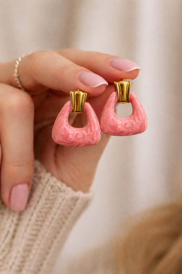 Pink Marble Patterned Women's Earrings with Gold Detail – Modern Design (Tarnish-Resistant, Allergy-Free 316 Steel)