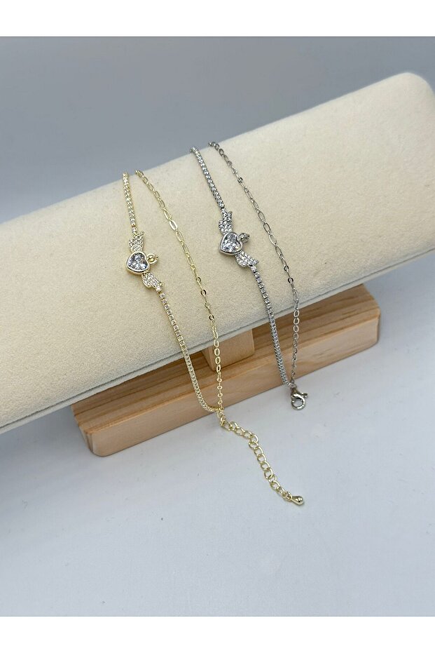 Double Chain Heart Detailed Steel Bracelet Silver