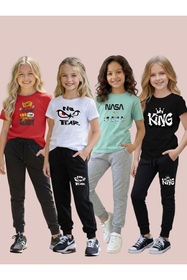 Armi̇kids 4-Piece Girls' Printed Top and Bottom Set with Color Options