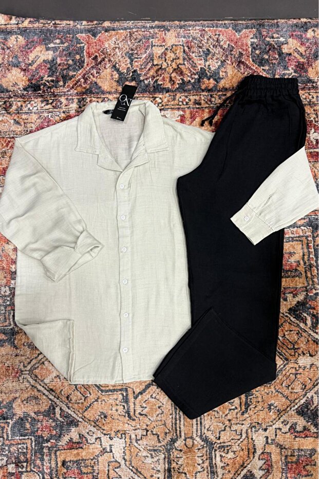 Men's Beige Muslin Linen Blend Shirt & Black Muslin Linen Trousers Set
