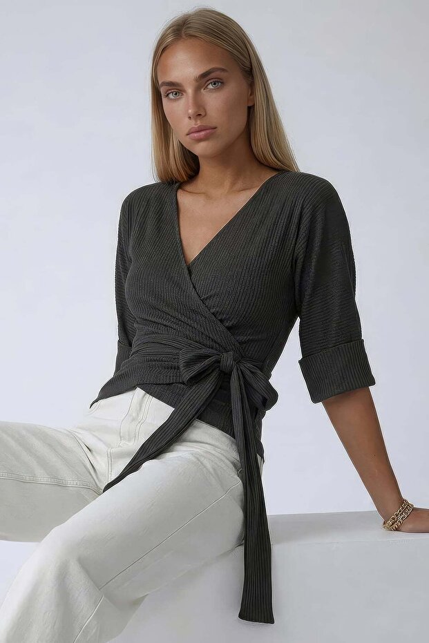 Brown double-breasted tie-up self-textured three-quarter sleeve blouse