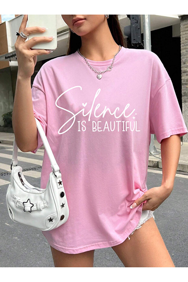 Slogan Motivation Mix Printed Oversize Crew Neck Short Sleeve Pink Women's Tshirt