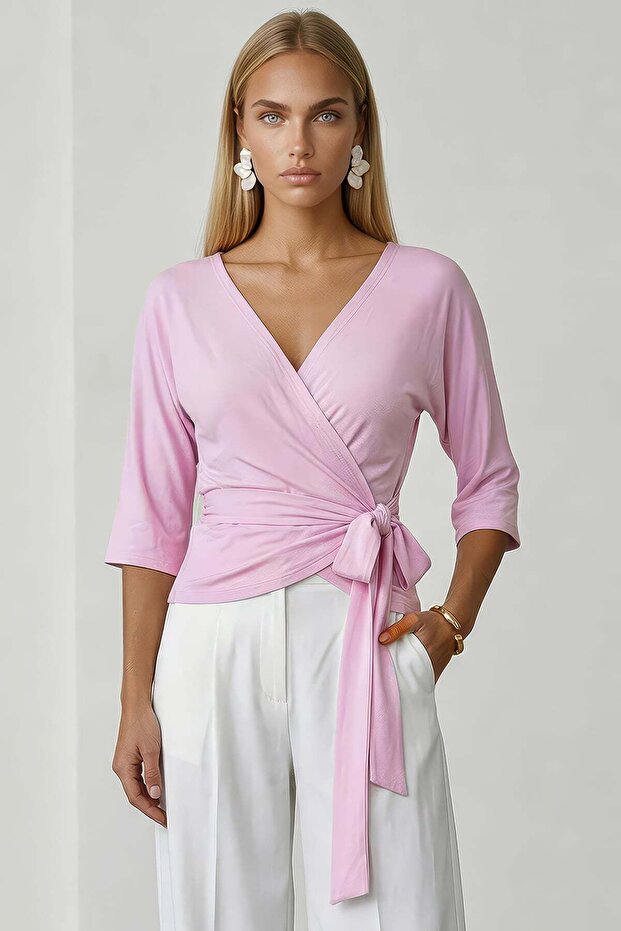 Pink Double-Breasted Tie-Up Textured Three-Quarter Cuff Sleeve Blouse
