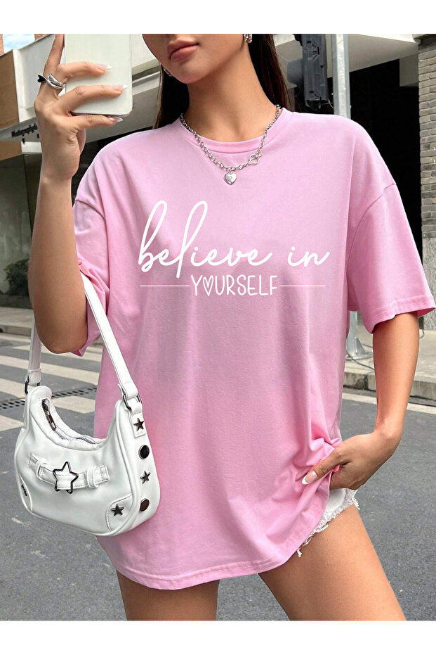 Slogan Motivation Mix Printed Oversize Crew Neck Short Sleeve Pink Women's Tshirt