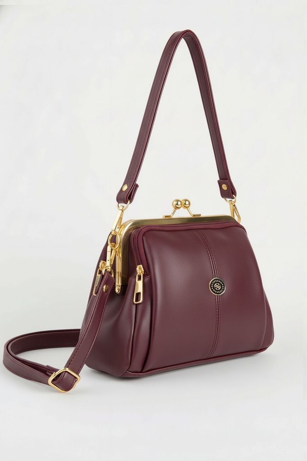 Women's Burgundy 4-Compartment Lined Handbag & Zipper Closure 2-Strap Handbag and Shoulder Bag (24X18 cm)