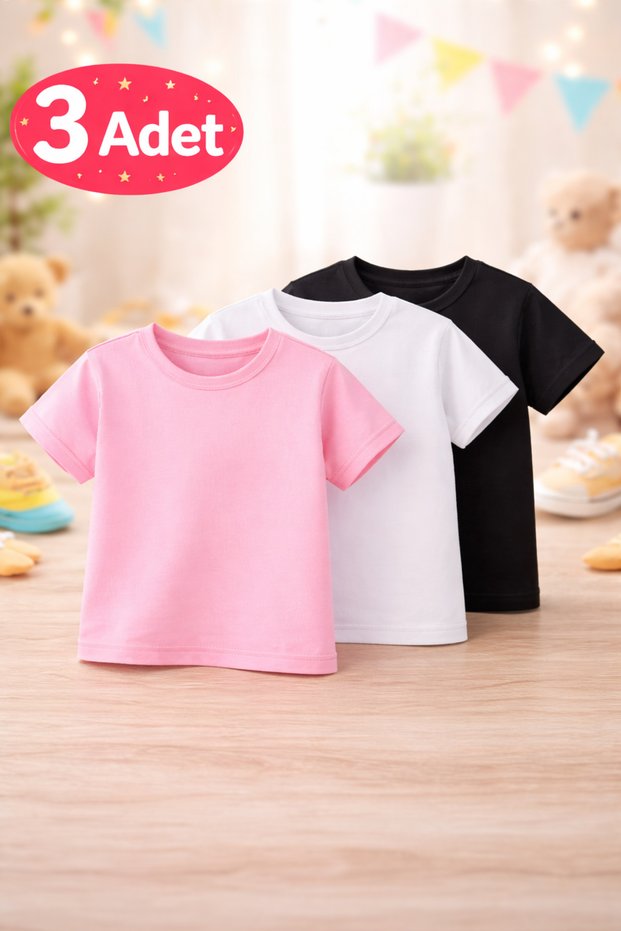 3-Piece Black-White-Pink 98% Cotton Kids T-Shirt T-Shirt