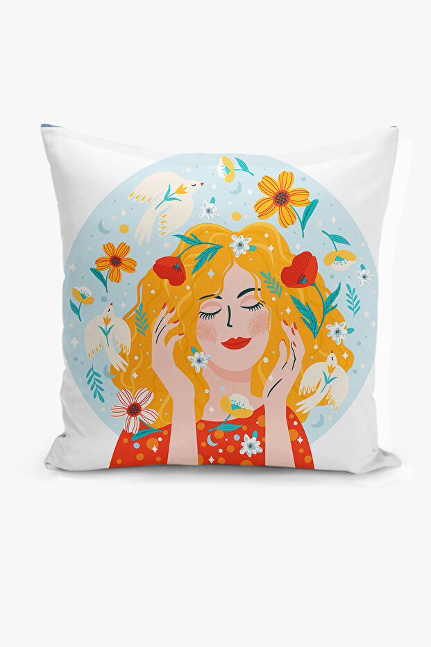 Double-Sided Digital Print Throw Pillow Cover - Floral & Woman Pattern / Flower & Woman Design