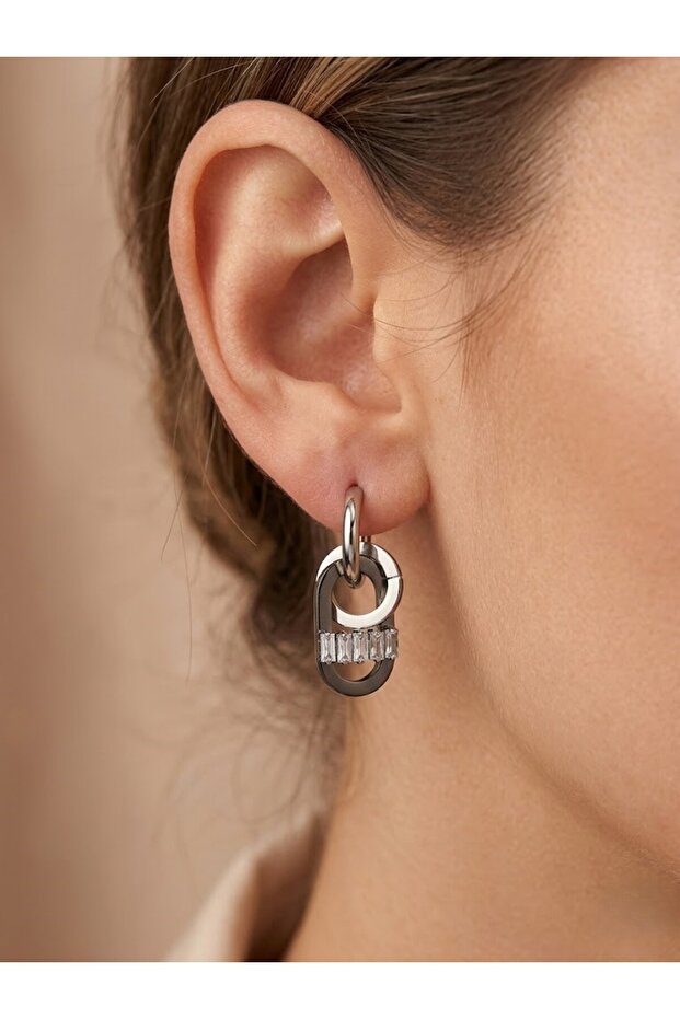 Steel Stone Geometric Dangle Hoop Earrings