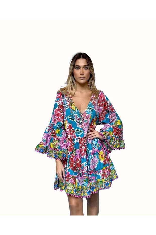 V NECK COLORFUL DRESS