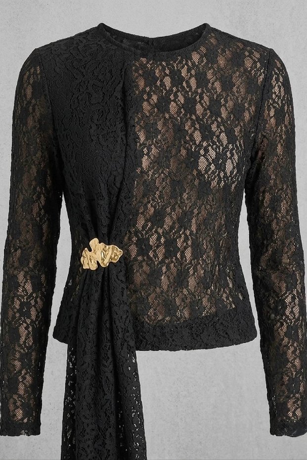 Women's Black Lace Detailed Asymmetrical Brooch Stylish Blouse Special Design 4751
