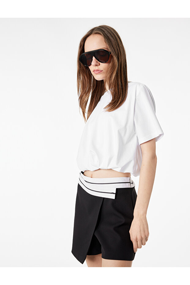 Cotton Short Sleeve Crew Neck Balloon Form Gathered T-Shirt