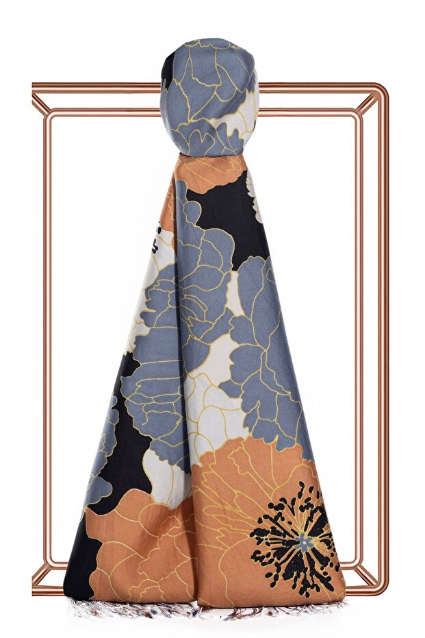 Black Copper Blue Hydrangea Basket Patterned Silk Shawl