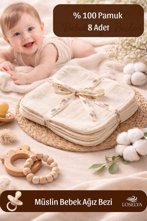 100% Cotton Soft Muslin Baby Mouth Wipes Face and Back Wiping Cloth 8 Pieces Ecru 24X24 cm