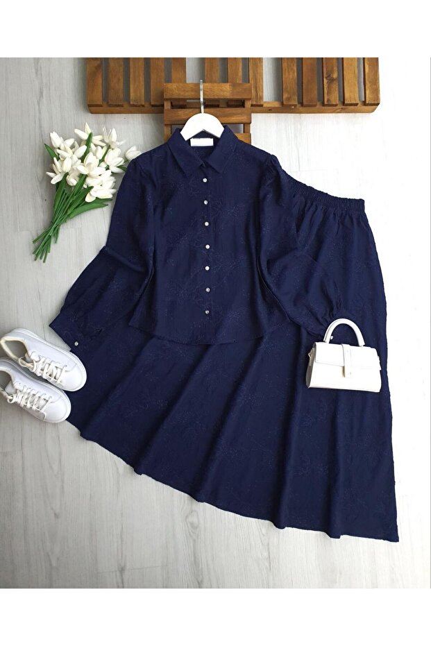 Women's Chirpy Colorful Self-Embroidered Jacquard Strawberry Fabric Skirt Shirt Two-Piece Set