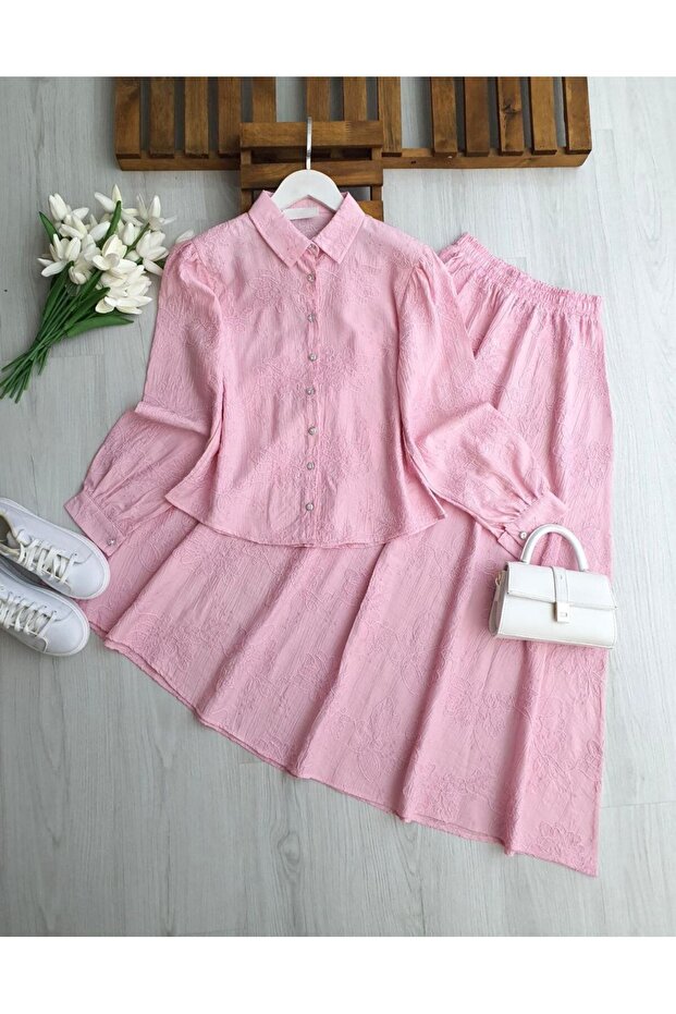 Women's Chirpy Colorful Self-Embroidered Jacquard Strawberry Fabric Skirt Shirt Two-Piece Set