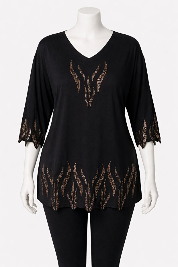 Bronze Stone Embroidered Large Size Luxury Mother's Combed Cotton 3/4 Sleeve