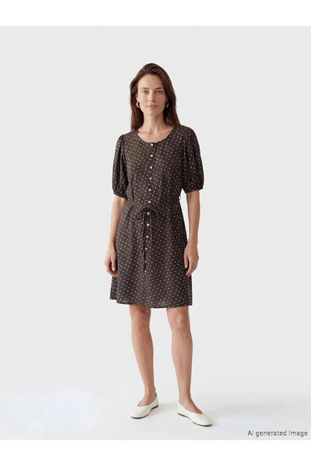 Lcw Grace Brown Crew Neck A-Line Mini Dress in Polka Dot Pieces