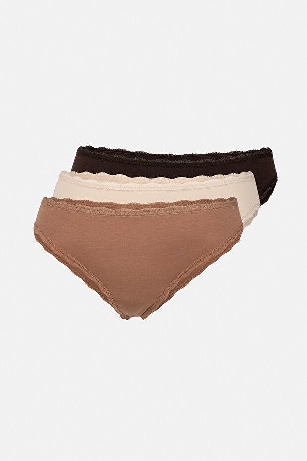 Ecru-Brown 3-Piece Plain Briefs with Lace Detail at the Waist and Legs