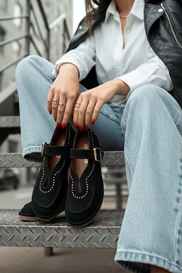 Naty Black Suede Studded (2 cm Heeled) Round Toe Loafer Shoes with Studded Detail