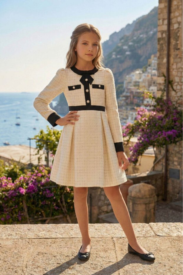 Pearl Buttons Elegant Tweed Girls Graduation Evening Dress Gown 8-9-10-11-12-13-14-15 Years Old 36459Pr