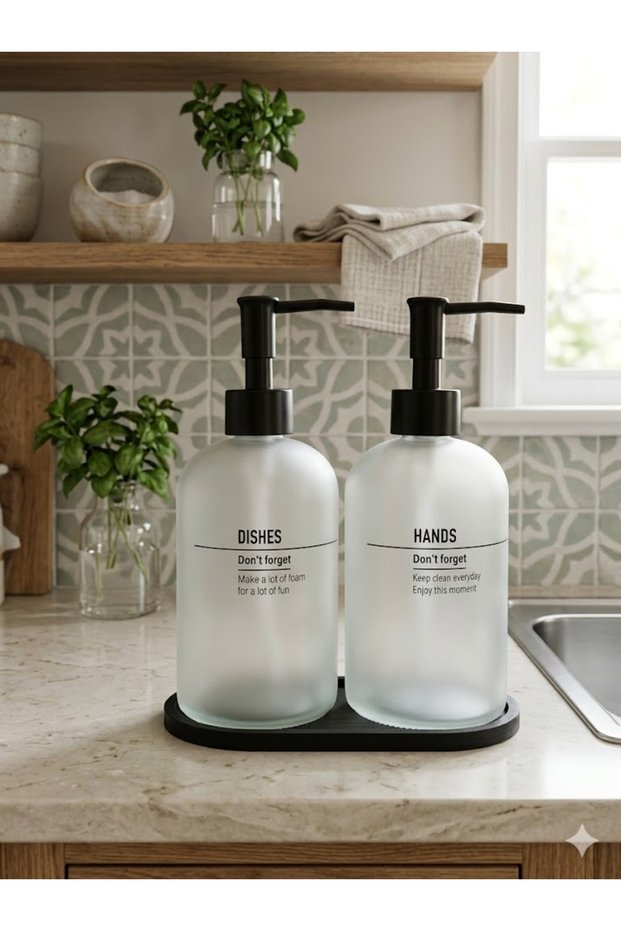 Set of 2 Countertop Liquid Soap Dispensers with Black Wooden Stands 500+500 ml