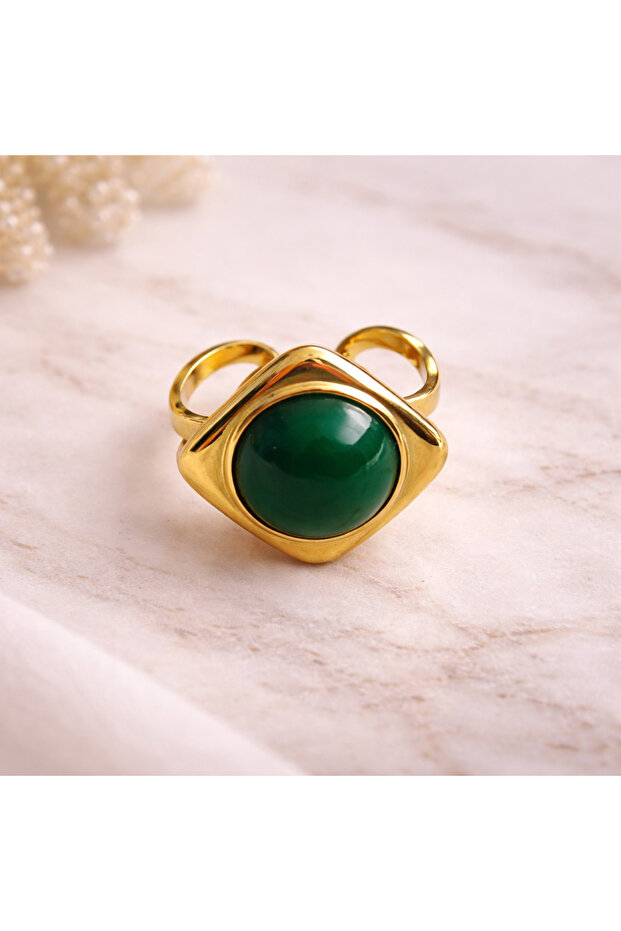 Gold Color Square Patterned Adjustable Steel Ring with Stone in the Center