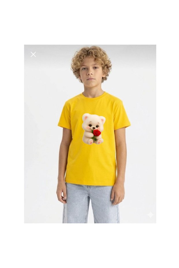 Rose Holding Teddy Bear Printed 100% Cotton Crew Neck Kids Unisex T-Shirt 5 6 -7 8-9 10 -11 12 Years Old