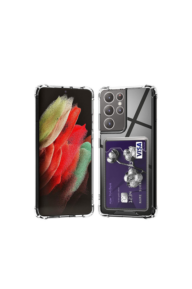 Samsung S21 Ultra Compatible Card Holder Wallet Transparent Edge Protected Corners Tank Phone Case