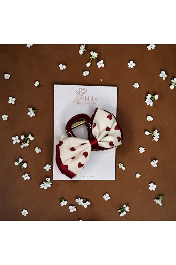 Heart Patterned Bowknot Buckle - Burgundy Cream