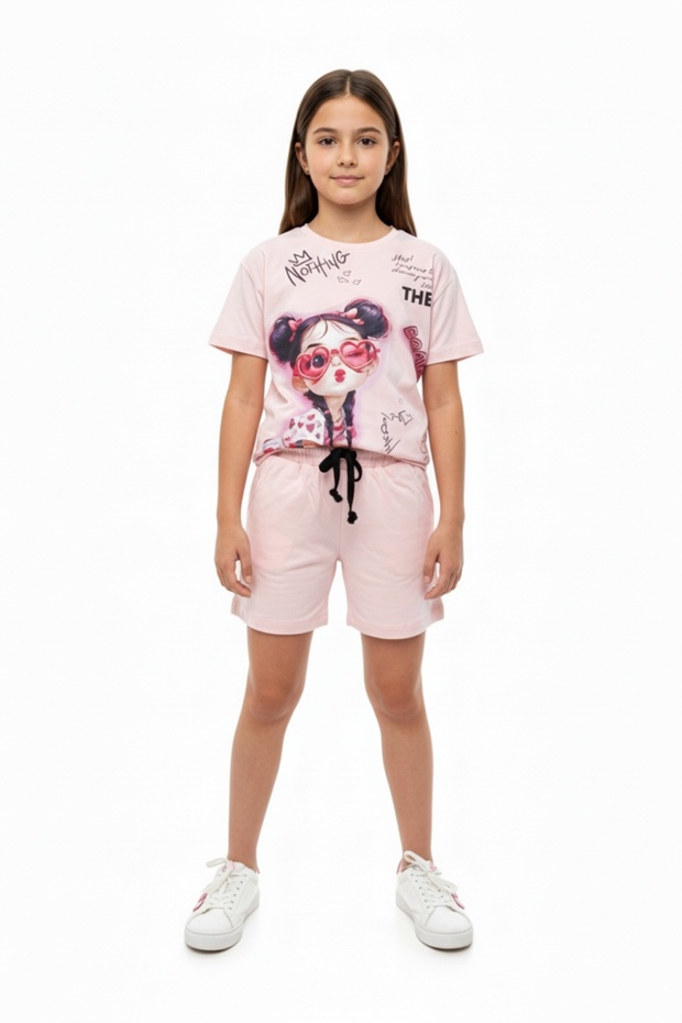 Girls' 2-Piece Shorts Set Crew Neck Short Sleeve Printed T-Shirt - Elastic Waist Tie