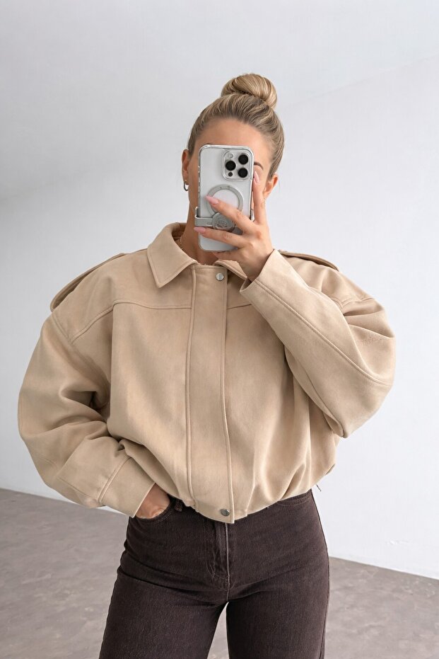 Zr Oversize Beige Suede Bomber Jacket