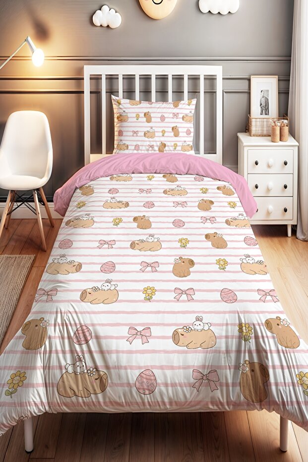 Rabbit and Capybara Patterned Single Baby Kids Bedding Set
