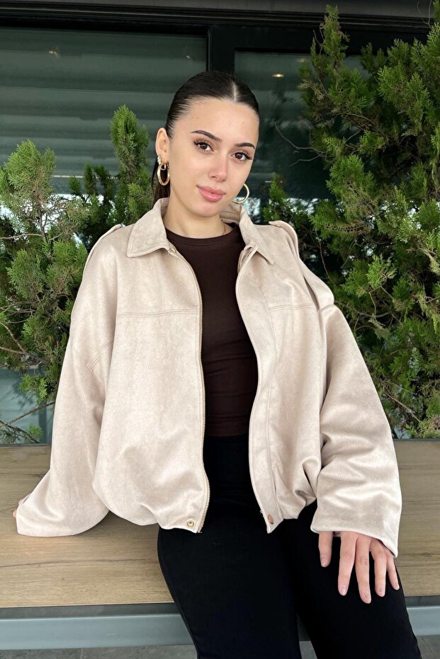 Zr Oversize Beige Suede Bomber Jacket