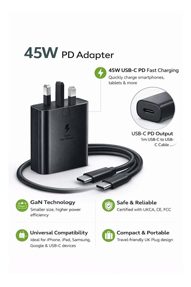 شاحن سريع جداً بقوة 45 واط USB-C PD مع كابل Type-C بطول 1.8 متر
