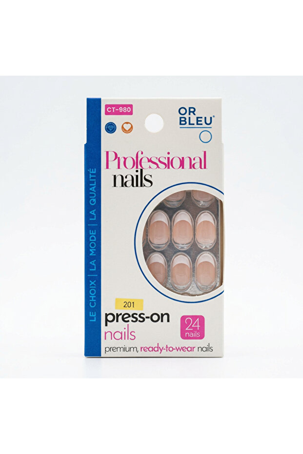 CT980 Press-On Nails, French Tips, Nude Tones, Geometric Accents, 24 Salon-Shaped Nails, No