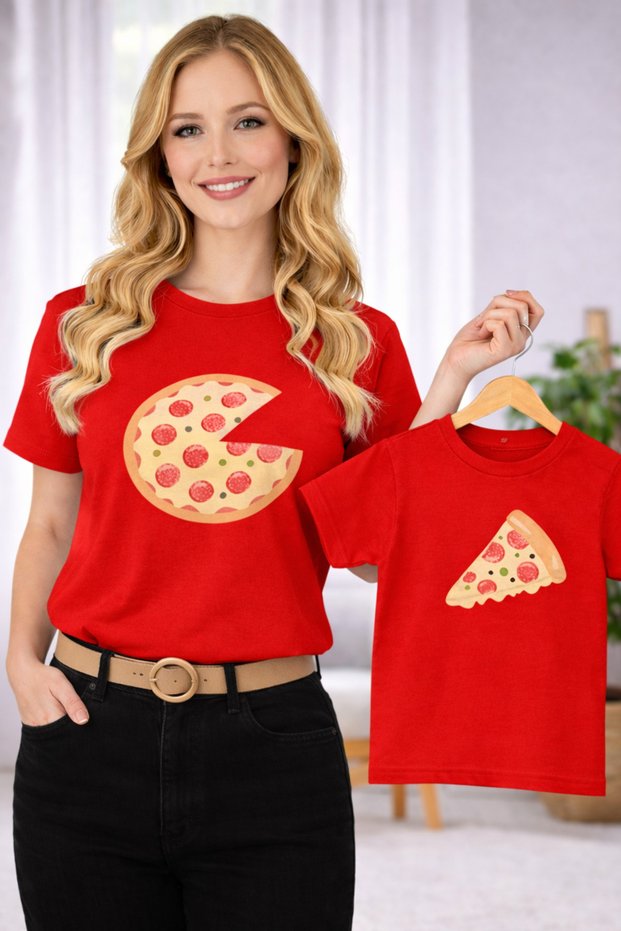 Mother Unisex Kids Combination Oversize T-Shirt Twin T-Shirt Mother Child Pizza Slice Printed (Single Price)